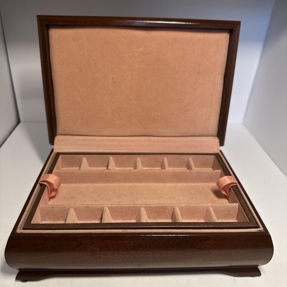 Vintage Wood Jewelry Box 2 Tier Removable Tray Peach Velvet Lining Brown